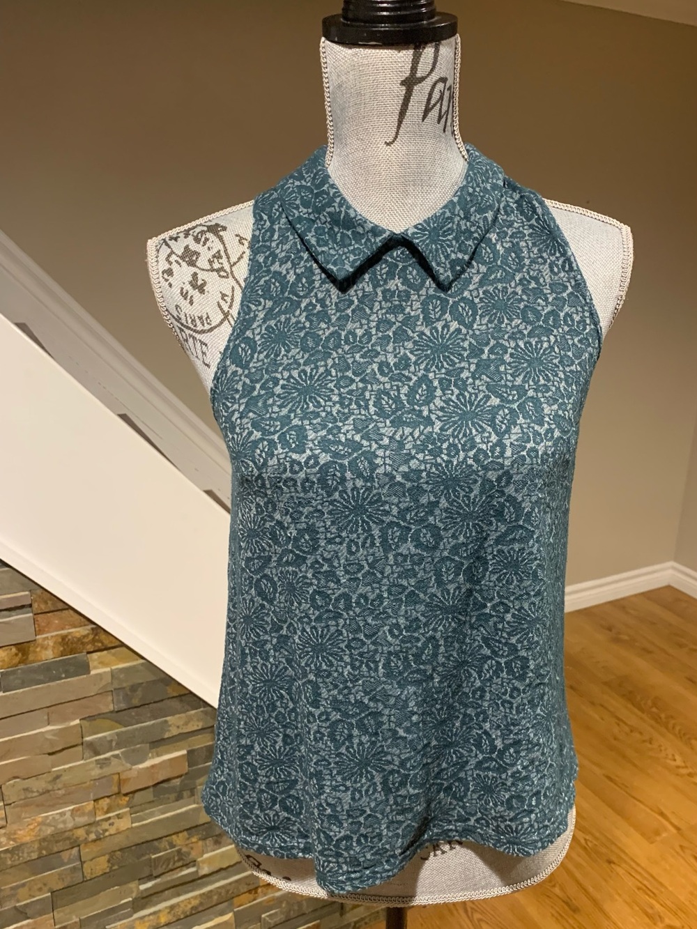 Topshop Teal Floral Lace-Pattern Sleeveless Collar Camisole
